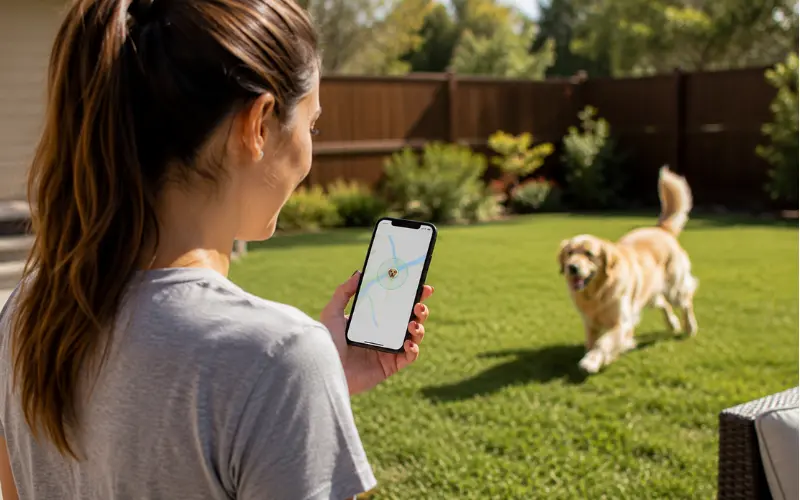 owner checking dog GPS tracker location on phone app