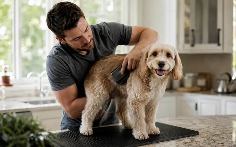 dog-grooming-cost-home-vs-professional dog owner grooming a medium dog at home saving money compared to professional grooming