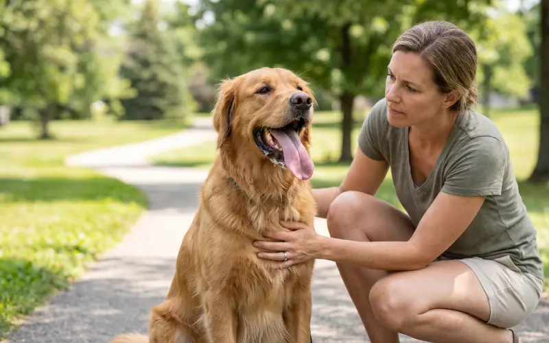 dog-heat-stroke-warning-signs dog showing signs of overheating in summer heat panting heavily with tongue out