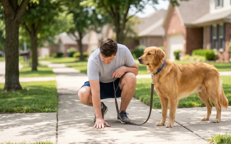 dog-paw-hot-pavement-test owner testing hot pavement with hand before walking dog in summer heat