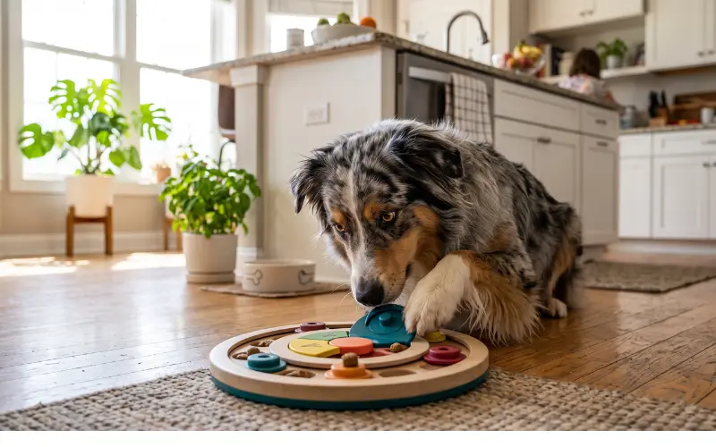 dog playing with interactive puzzle toy dog playing with interactive puzzle toy at home