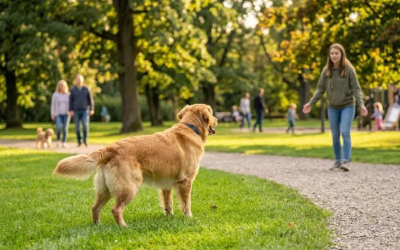 dog responding to recall command outdoors with distractions