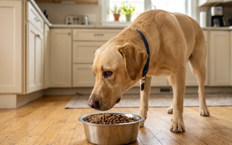 dog-sniffing-food-bowl-not-eating dog sniffing food bowl but refusing to eat