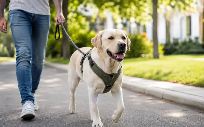 dog-wearing-no-pull-harness-walking dog wearing no pull harness walking calmly on leash