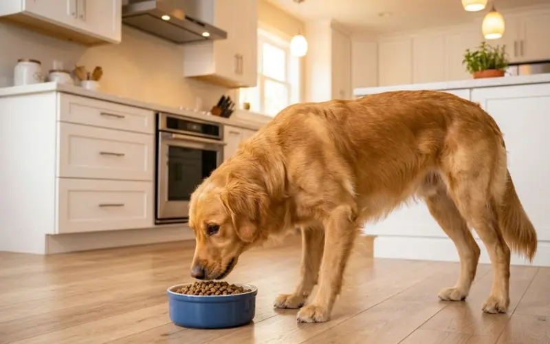 happy healthy weight dog eating measured portion