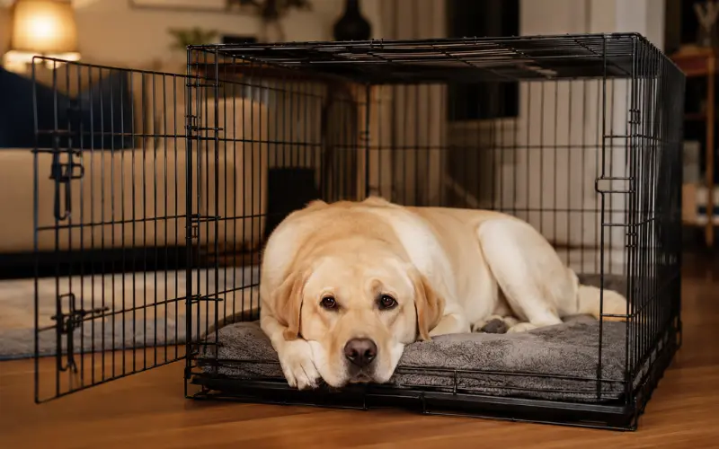 large-dog-relaxing-inside-wire-crate large dog relaxing comfortably inside wire