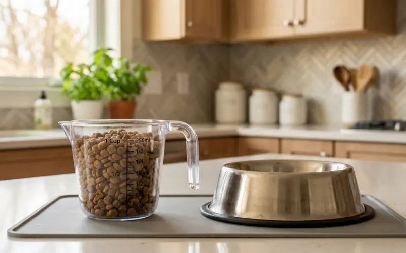 measuring cup with dog food portion next to bowl