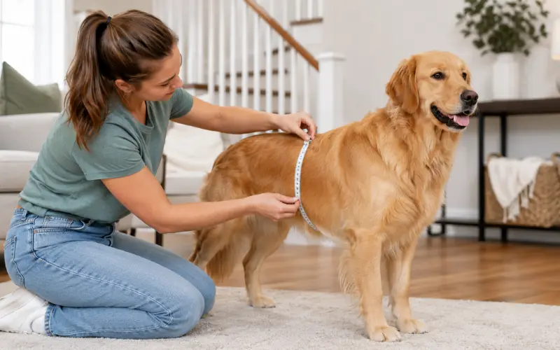 measuring-dog-for-harness-fit owner measuring dog chest for correct harness size