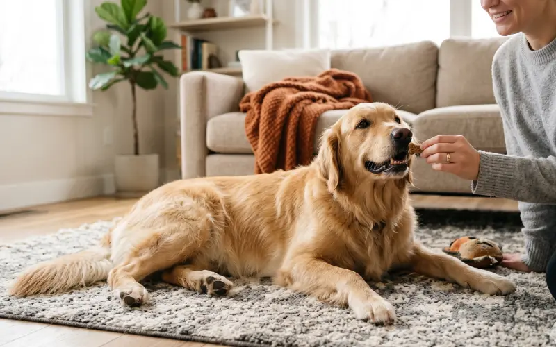 relaxed dog after successful nail trim getting treats