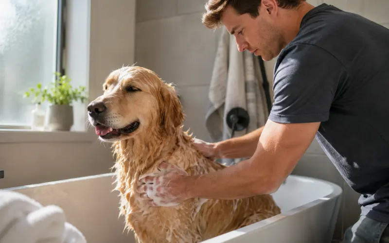 owner brushing dog coat during home grooming session