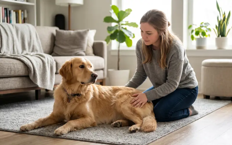 owner-checking-dog-for-pain-gentle owner gently checking dog for signs of pain at home