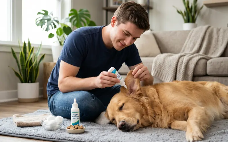 owner-cleaning-dog-ears-at-home-solution owner cleaning dog ears at home with ear solution