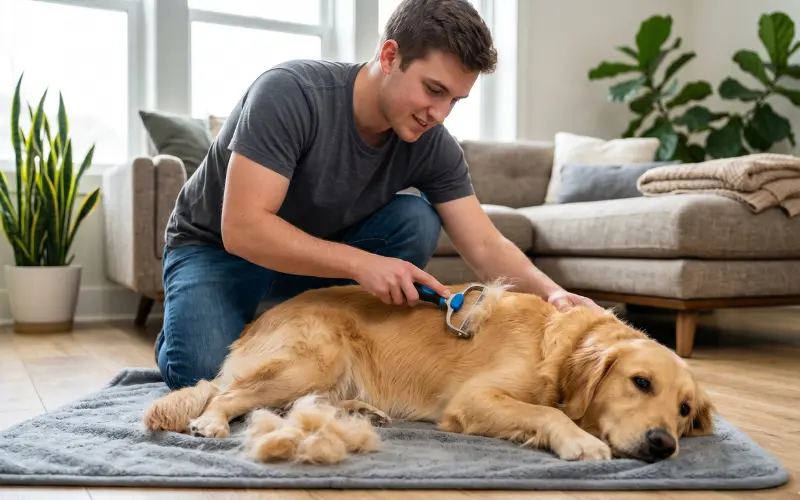 owner-deshedding-golden-retriever-furminator owner using deshedding tool on golden retriever at home