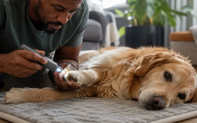 owner safely grinding dog nails at home with grinder