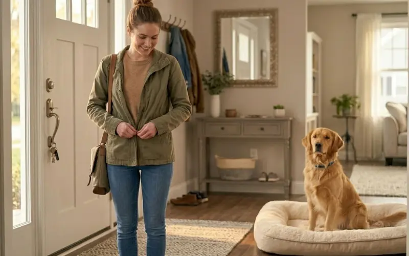 owner practicing short departures during separation anxiety training