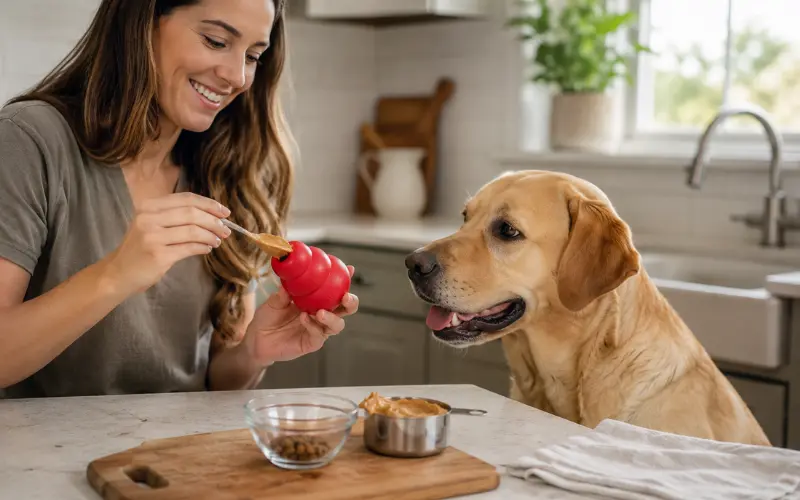 owner setting up interactive toy for dog owner setting up interactive toy for dog enrichment