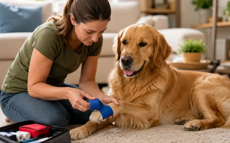 owner-treating-dog-paw-injury-first-aid dog owner applying first aid bandage to dog paw