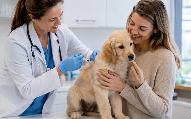 puppy-getting-first-vaccination-vet puppy receiving first vaccination at veterinarian