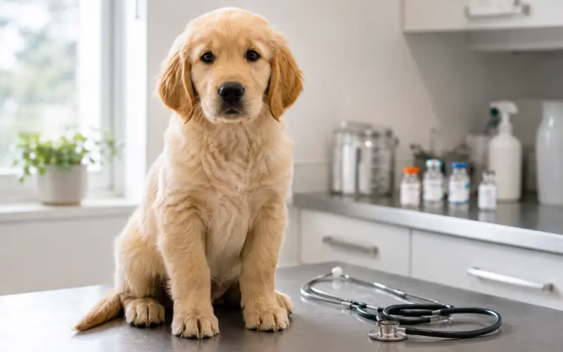 puppy-vet-visit-vaccination-schedule puppy at vet clinic for scheduled vaccination visit