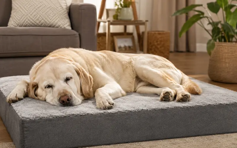 senior-dog-lying-on-orthopedic-bed senior dog lying comfortably on orthopedic memory foam bed