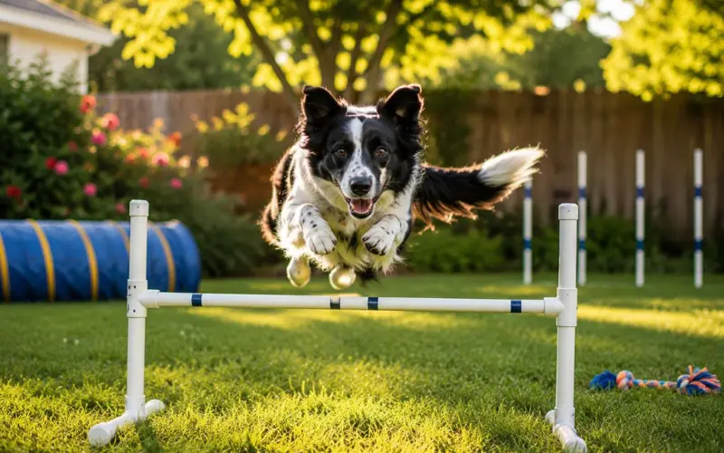 dog jumping over backyard agility obstacle during home training