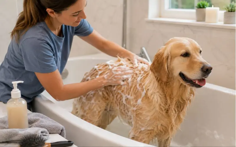 dog-allergy-management-bathing-home owner bathing dog at home for allergy management