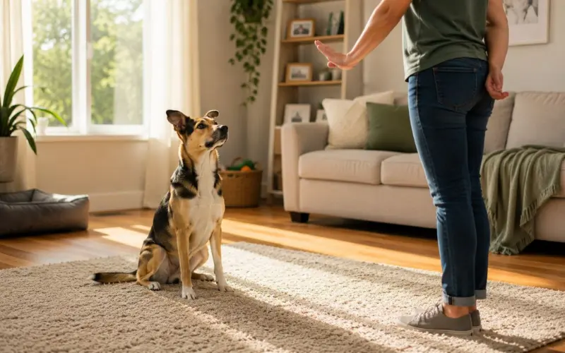 dog performing sit stay command during basic obedience training session