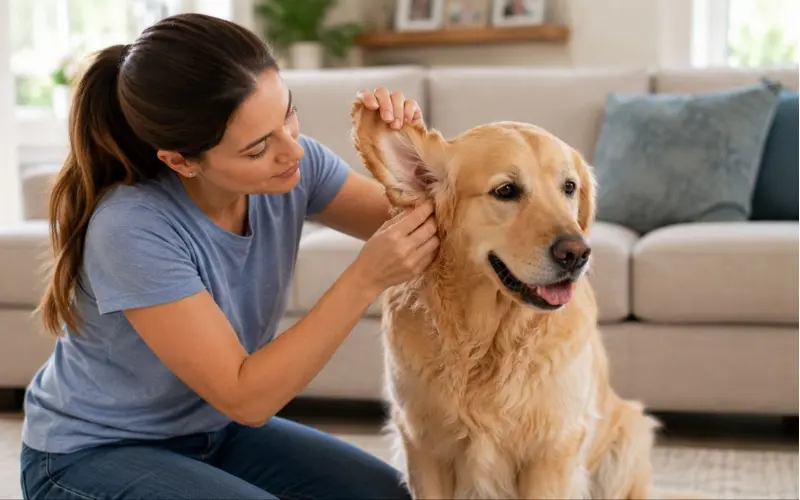 dog-coughing-ear-symptoms-checkup owner checking dog ears and listening to breathing