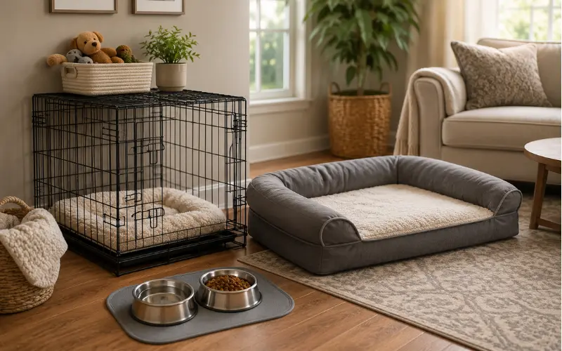 dog-crate-bed-feeding-station-home dog home setup with crate bed and feeding station