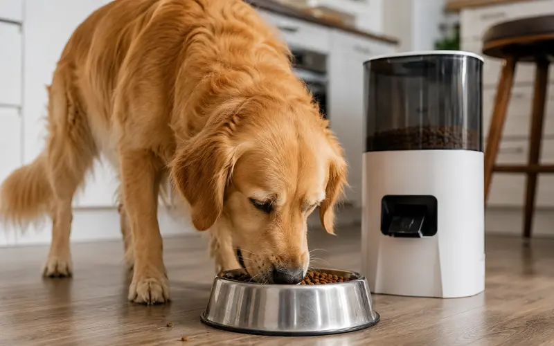 dog-eating-from-automatic-feeder-bowl dog eating from automatic feeder stainless steel bowl