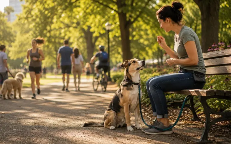 dog maintaining focus on owner despite public park distractions