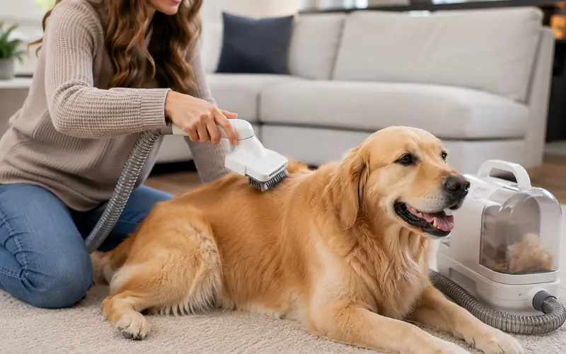 dog-grooming-vacuum-kit-in-action dog grooming vacuum kit being used on golden retriever