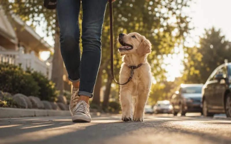 dog-heel-position-low-angle-walk-training dog walking in heel position captured from low ground-level angle