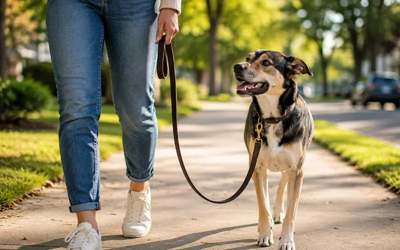 dog walking with leash in relaxed J shape technique