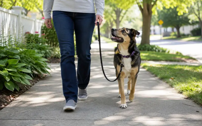 dog-loose-leash-heel-position-training-walk dog walking in loose leash heel position during real training session