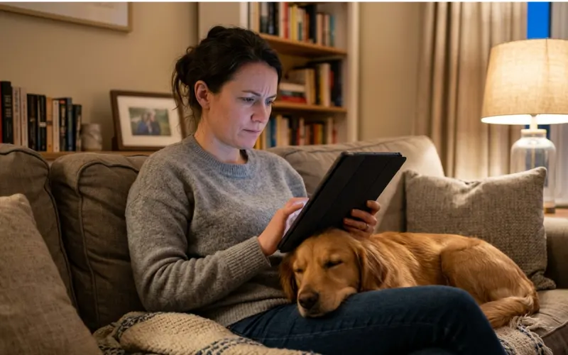dog-owner-reading-course-details-decision-moment dog owner reading course details before making a purchase decision