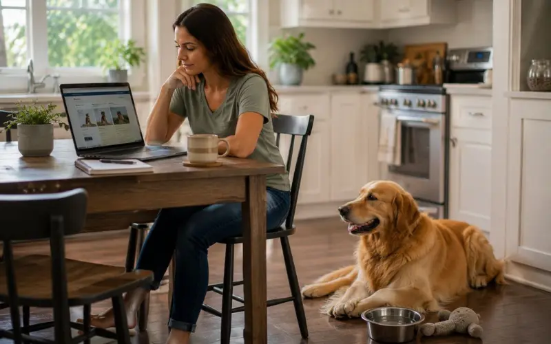 dog-owner-researching-training-options-laptop dog owner researching training options on laptop