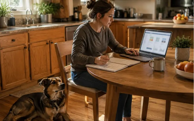 dog-owner-reviewing-bundle-value-laptop-notes dog owner reviewing training bundle value on laptop with notes