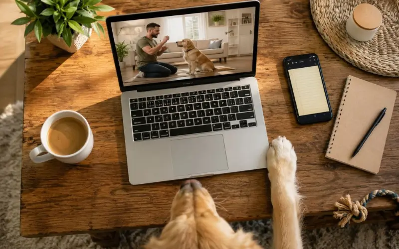 _dog-owner-reviewing-training-course-overhead overhead view of dog owner reviewing training course options with dog nearby