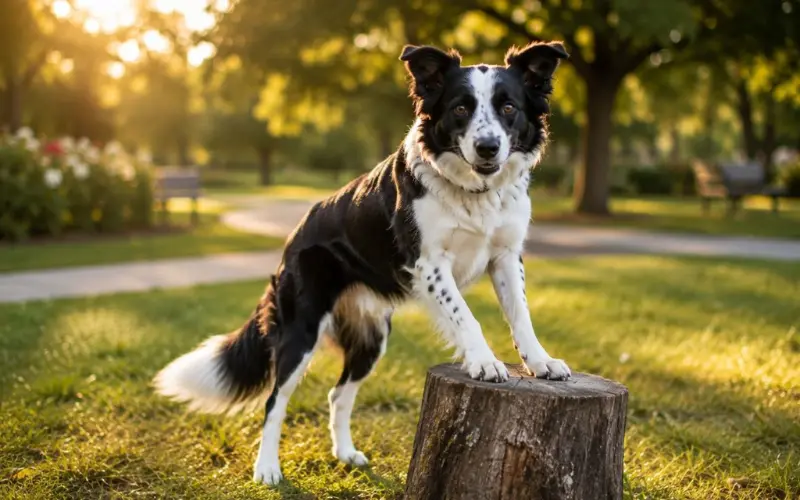 dog balancing with front paws on elevated surface during parkour training