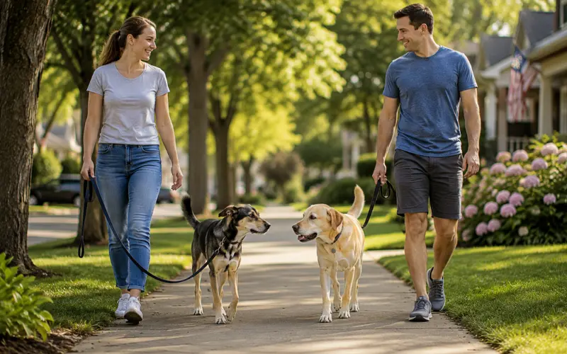 dog calmly passing another dog on a leash walk