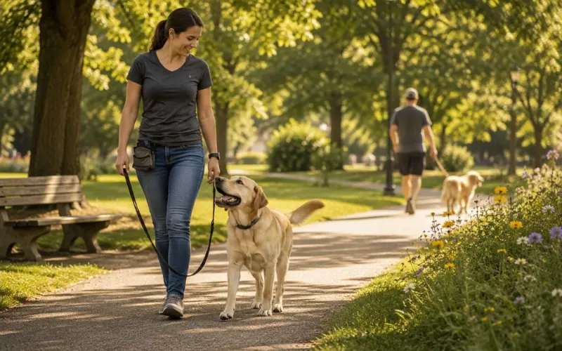dog-reactivity-training-calm-leash-walk-park dog showing calm behavior during reactivity training on a park walk