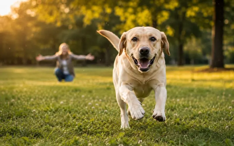 dog running toward owner during recall training in open field