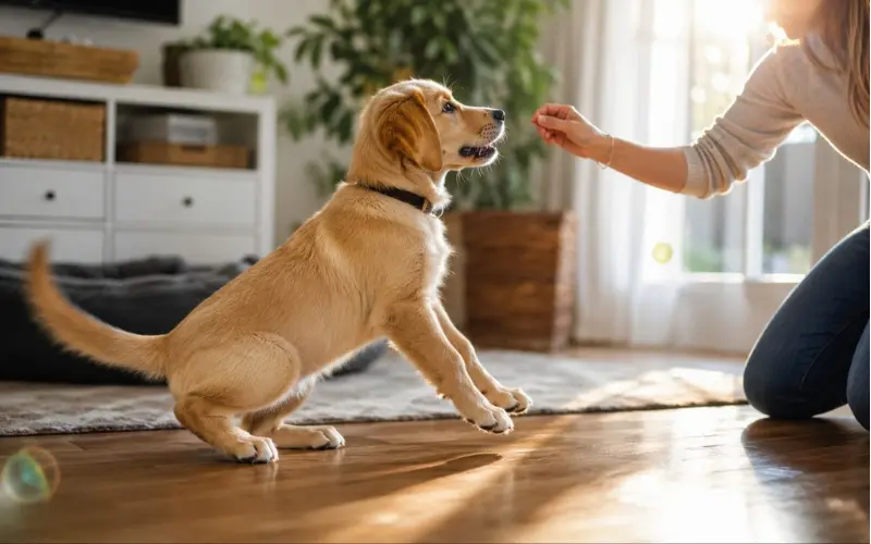 dog-sit-command-motion-lure-fade-training dog mid-motion learning sit command with treat lure fading to hand signal