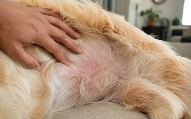 dog-skin-allergy-itching-redness dog showing skin allergy with itching and redness