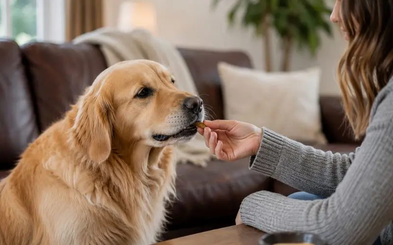 dog-taking-calming-treat-from-owner dog taking calming treat from owner's hand