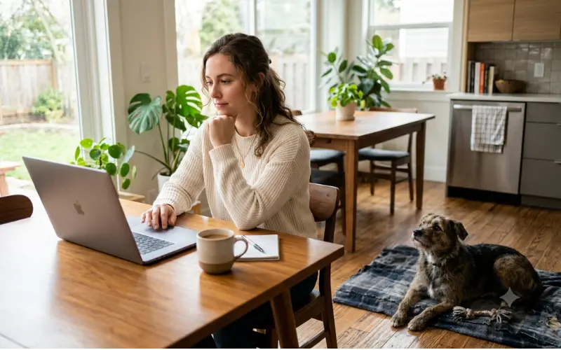 k9-training-institute-owner-researching-laptop dog owner researching online dog training options on laptop