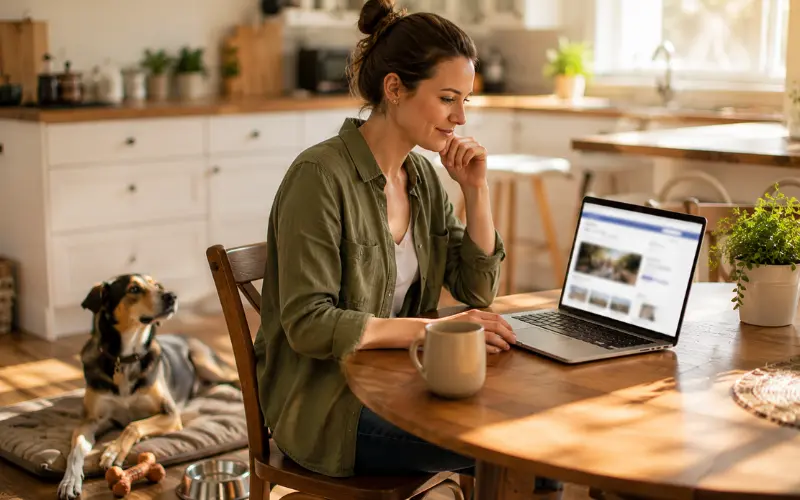 owner reviewing dog training course options with dog resting nearby