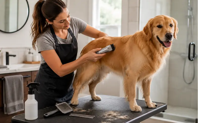 owner-grooming-dog-at-home-clippers owner grooming dog at home using clippers