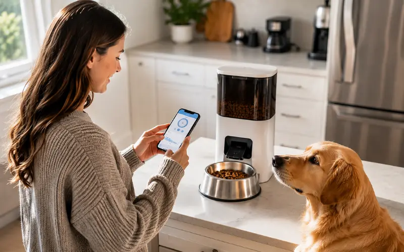 owner-setting-up-automatic-dog-feeder-app owner setting up automatic dog feeder with phone app